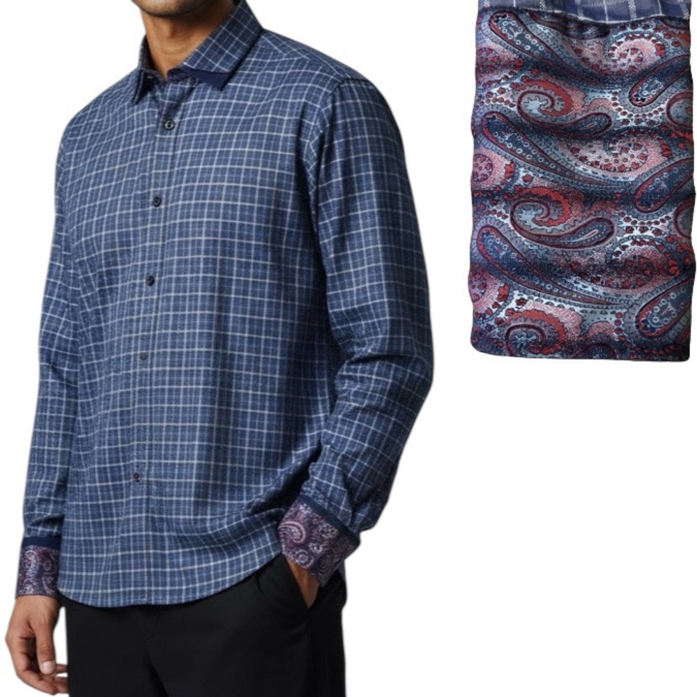 Angelino for Bermuda Buttons Pattern Down Long Sleeve Collar Men's Shirt Sz XL